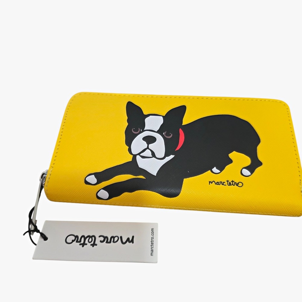 Marc Tetro Boston Terrier Wallet Yellow Zip Around Dog Graphic NWT Vegan Leather
